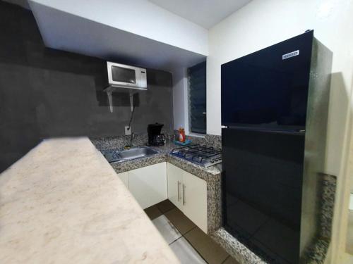 una pequeña cocina con fregadero y microondas en Super Suite con baño y cocina excelente ubicación, en Ciudad de México