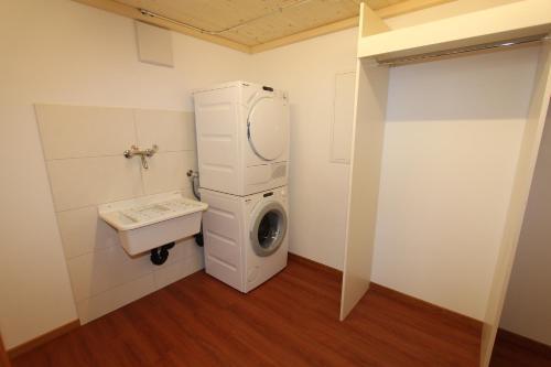 a laundry room with a washing machine and a sink at Toni's Alpine Loft & SPA in Kandersteg
