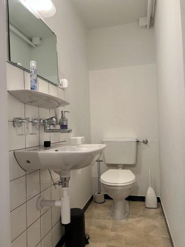 a bathroom with a sink and a toilet at Casa Campanula in Laax