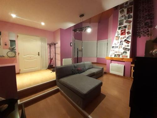 sala de estar con sofá y paredes rosas en Ciudad Rodrigo La Casa Azul, en Ciudad Rodrigo