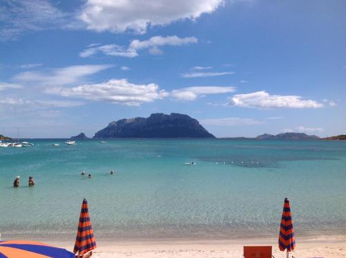 a beach with people in the water and a mountain at Hotel Daniel in Murta Maria