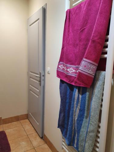 a towel is hanging on a ladder in a room at Appart A climatisé sur Coursan in Coursan