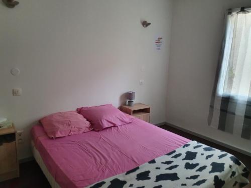 a bedroom with a bed with pink sheets and a window at Appart A climatisé sur Coursan in Coursan