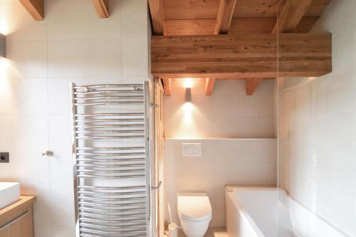 a bathroom with a toilet and a bath tub at Chalet Athina in Les Houches