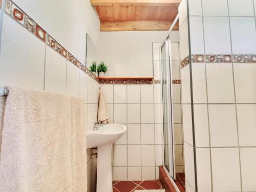 a bathroom with a sink and a shower at Kwetu Guest Farm in Swellendam