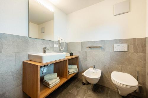 a bathroom with a sink and a toilet and a mirror at App Kronplatz Villa Colli in Valdaora