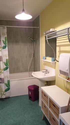 y baño con lavabo, ducha y bañera. en Au Relais Des Thermes, en Saint-Amand-les-Eaux