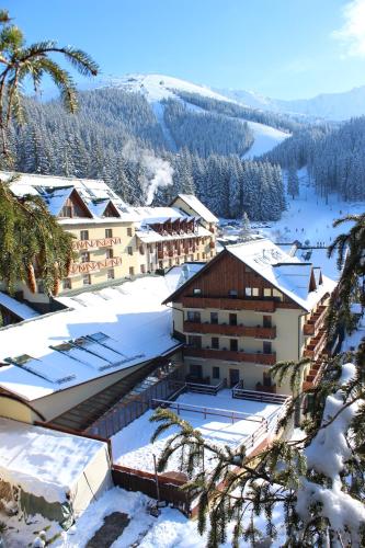 a resort in the snow with snow covered roofs at Ski & Wellness Residence Družba in Demanovska Dolina