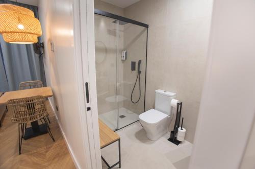 a bathroom with a shower and a toilet at OIKOS APARTAMENTOS TURÍSTICOS in Monesterio