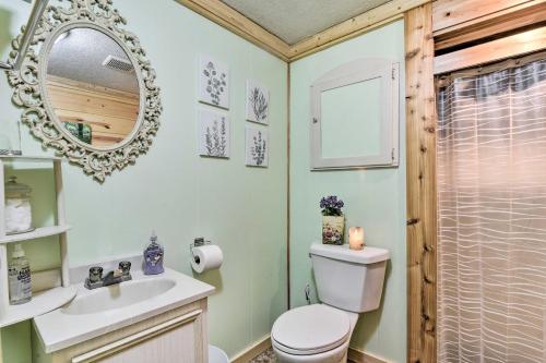 ein Badezimmer mit einem WC, einem Waschbecken und einem Spiegel in der Unterkunft Charming Gladwin Family Cottage - Indian Lake in Gladwin