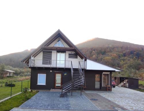 a house with a steep roof on a hill at Villa Opir in Skole