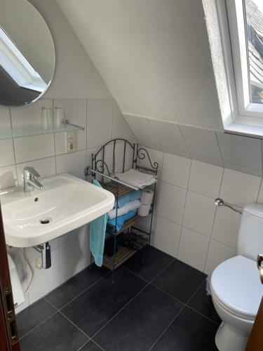 ein Bad mit einem Waschbecken und einem WC in der Unterkunft Wein & Gästehaus Porten-Becker in Köwerich