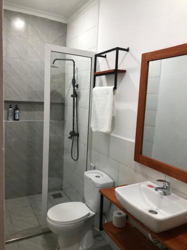 een badkamer met een toilet, een wastafel en een douche bij Bustown BnB in Arusha