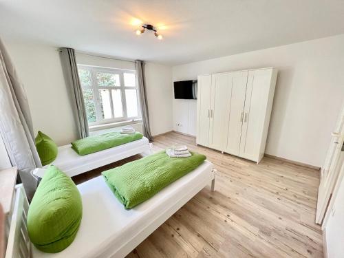 a living room with two beds and green pillows at Meißner Elb-Domizil in Meißen