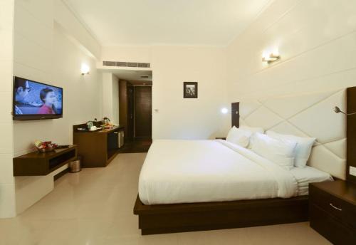 a hotel room with a bed and a tv at Hotel Crimson Palace in Agra