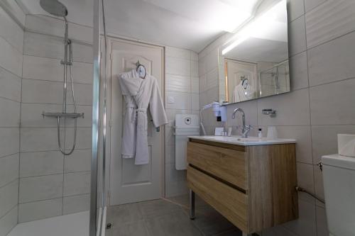 ein Bad mit einem Waschbecken, einem WC und einer Dusche in der Unterkunft Le Domaine Du Colombier in Malataverne