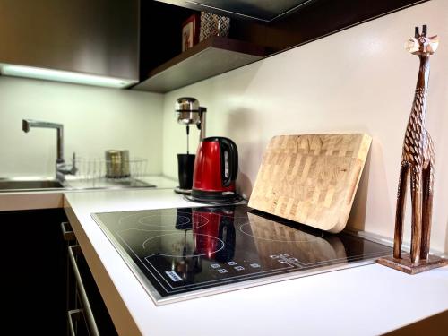 a kitchen counter with a red appliance on a stove at Makri Sunrise Villa in Alexandroupoli