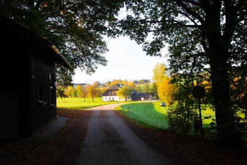 a dirt road with a house in the distance at Seehof direkt am See in Seeleiten