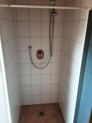 eine Dusche mit einem Schlauch im Bad in der Unterkunft Bruno's Ferienwohnung in Gerolzhofen in Gerolzhofen