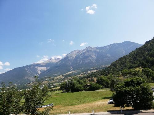 un campo verde con montagne sullo sfondo di L'Auberge d'Eygliers a Eygliers