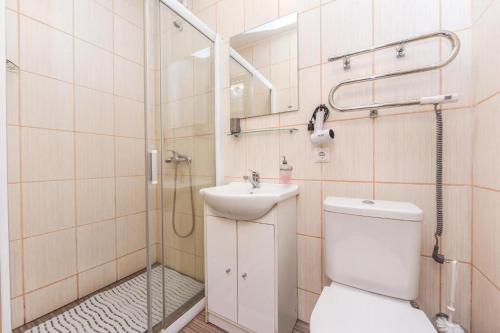 a bathroom with a shower and a toilet and a sink at Sveciu Namai Alanta in Palanga