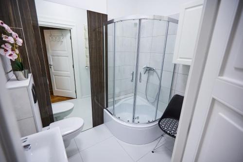 a white bathroom with a shower and a toilet at Art Deco Apartament dla 6 osób Chorzów/Katowice 6A in Chorzów