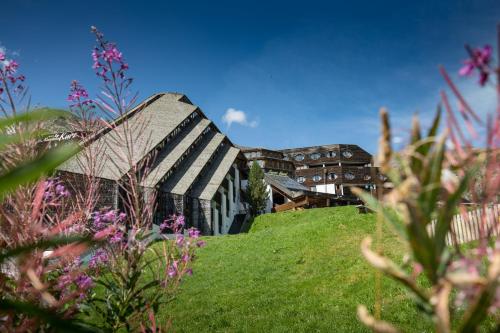 a building on top of a green hill with flowers at Blu Hotel Senales Zirm-Cristal in Maso Corto