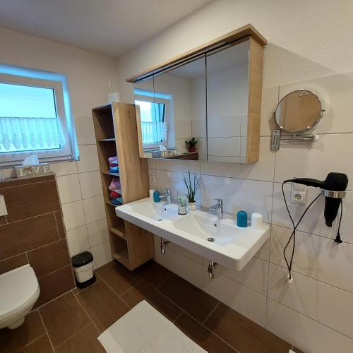a bathroom with a sink and a toilet and a mirror at Apart Waldesruh in Arzl im Pitztal