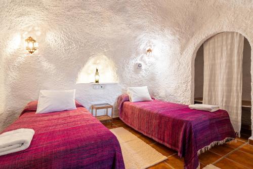 Habitación con 2 camas en una habitación de piedra en Cuevas El Abanico - VTAR vivienda turística de alojamiento rural, en Granada