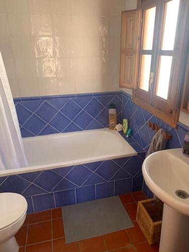 uma casa de banho com azulejos azuis, uma banheira e um WC. em Casa Isabel, naturaleza y descanso en la serranía. em Jubrique