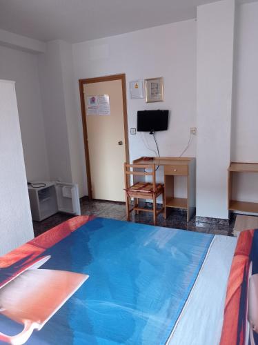 a room with a bed and a desk and a television at Hotel Arce in San Pedro del Pinatar