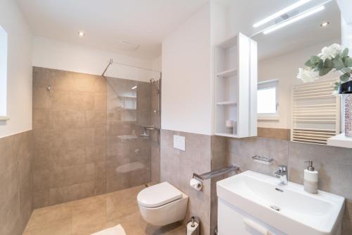 une salle de bain avec toilettes, lavabo et miroir dans l'établissement Apartment Ski&Nature "Grosseck", à Mauterndorf