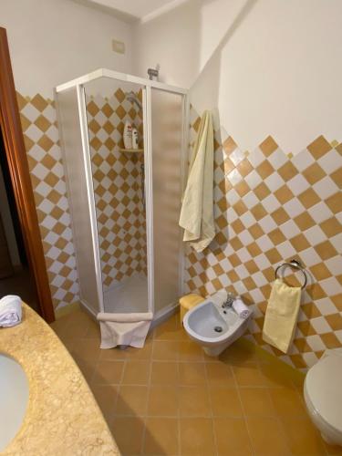 a bathroom with a shower and a sink and a toilet at Taverna MaFé in Arzachena