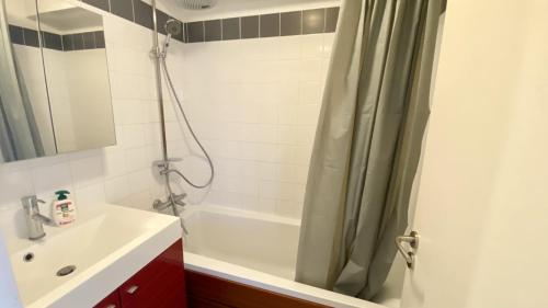 馬翁普拉日堡的住宿－Appartement vue mer, Brigantine，一间带水槽和淋浴帘的浴室