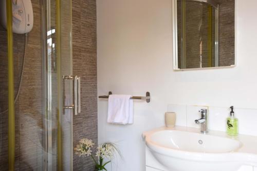 a bathroom with a sink and a shower at Cedar House Canterbury in Canterbury