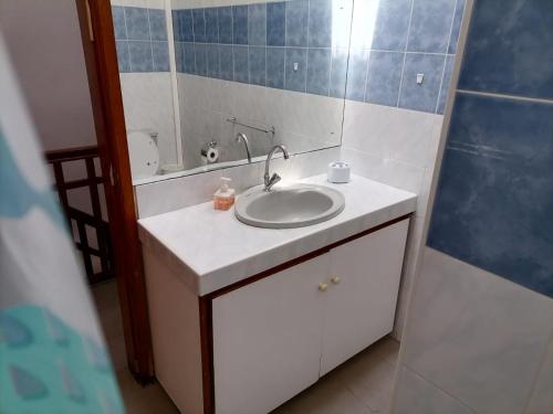 ein Badezimmer mit einem weißen Waschbecken und einem Spiegel in der Unterkunft SW Villa Corail - Trou aux Biches in Trou aux Biches