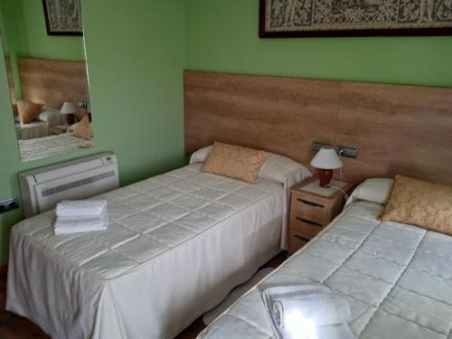 2 camas en una habitación con paredes verdes en Casa Rural Buenavista, en Mogarraz