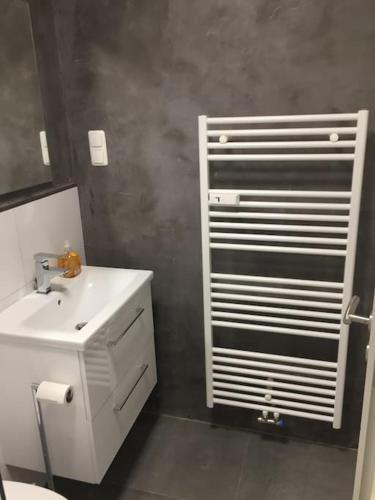 a bathroom with a white sink and a white heater at Modern eingerichtetes Apartment Nähe Hauptbahnhof in Braunschweig