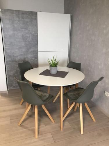 una mesa y sillas con una maceta. en Modern eingerichtetes Apartment Nähe Hauptbahnhof, en Brunswick