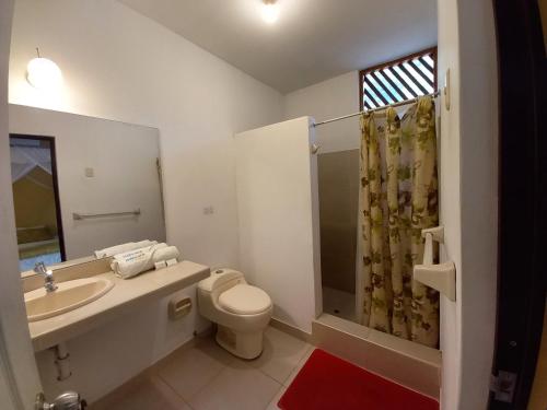 ein Bad mit einem Waschbecken, einem WC und einer Dusche in der Unterkunft Mancora y Sol in Máncora