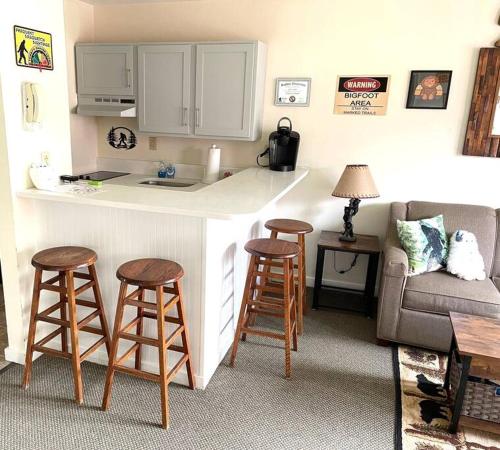 a kitchen with a counter and stools in a living room at Unique Yeti-Theme Ski On Off Suite Jiminy-Sleeps 4 in Hancock
