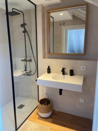 y baño con lavabo y ducha. en Apartamentos Boutique Aroca, en Galizano