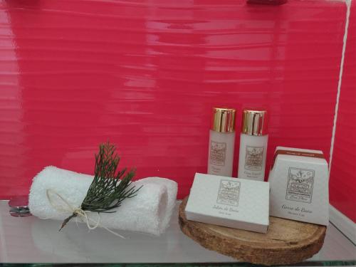 a bathroom with two bottles of soap and towels at Casa Flórez Hotel Campestre in Ibagué