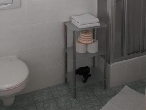 a bathroom with a toilet and a shelf with towels at Triembachhof in Schönau am Königssee