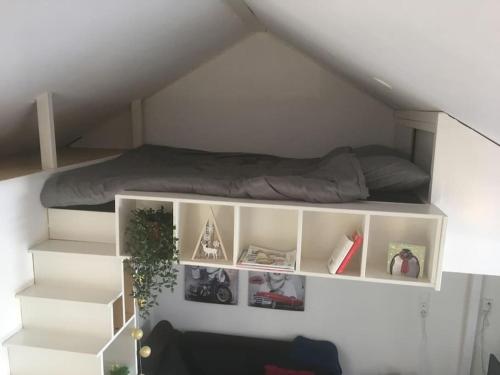Habitación con cama y estanterías en un ático en Studio, 21 minutes by bus to downtown Amsterdam en Purmerend