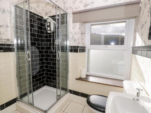 a bathroom with a shower and a toilet and a sink at Wenallt in Caernarfon