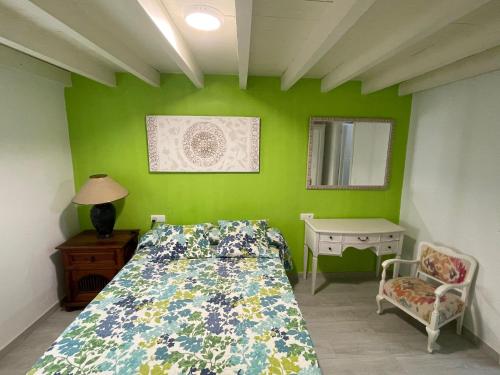 a bedroom with green walls and a bed and a chair at CASA MARUJA WiFi 300MB & JACUZZI in Cútar