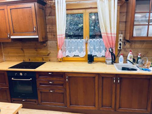a kitchen with wooden cabinets and a sink and a window at Tantra klub - private room in a shared wooden house in Prague