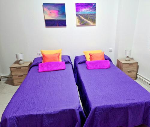 セビリアにあるPrecioso piso en Sevillaの紫のシーツとオレンジの枕が備わる客室内のベッド2台
