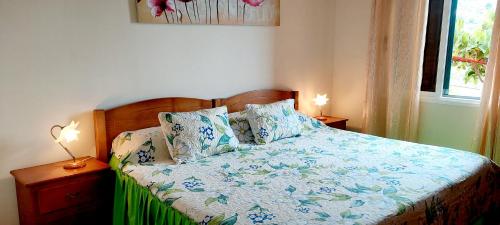 een slaapkamer met een bed met een blauw en wit dekbed bij Apartamentos Villa in Ponta do Sol